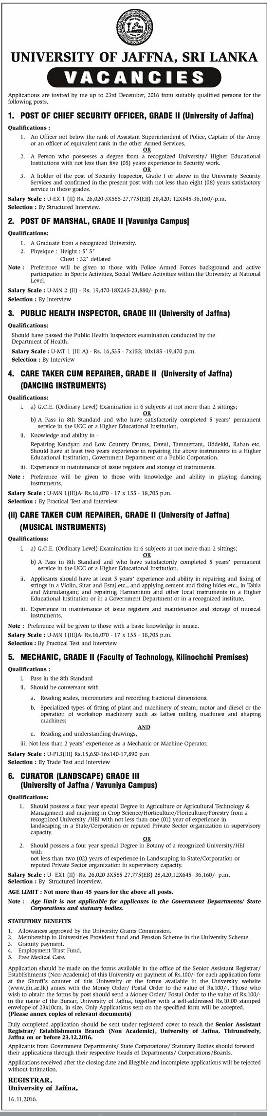 Chief Security Officer, Marshal, Public Health Inspector, Care Taker cum Repairer (Music / Dancing Instruments), Mechanic, Curator (Landscaping) - University of Jaffna	